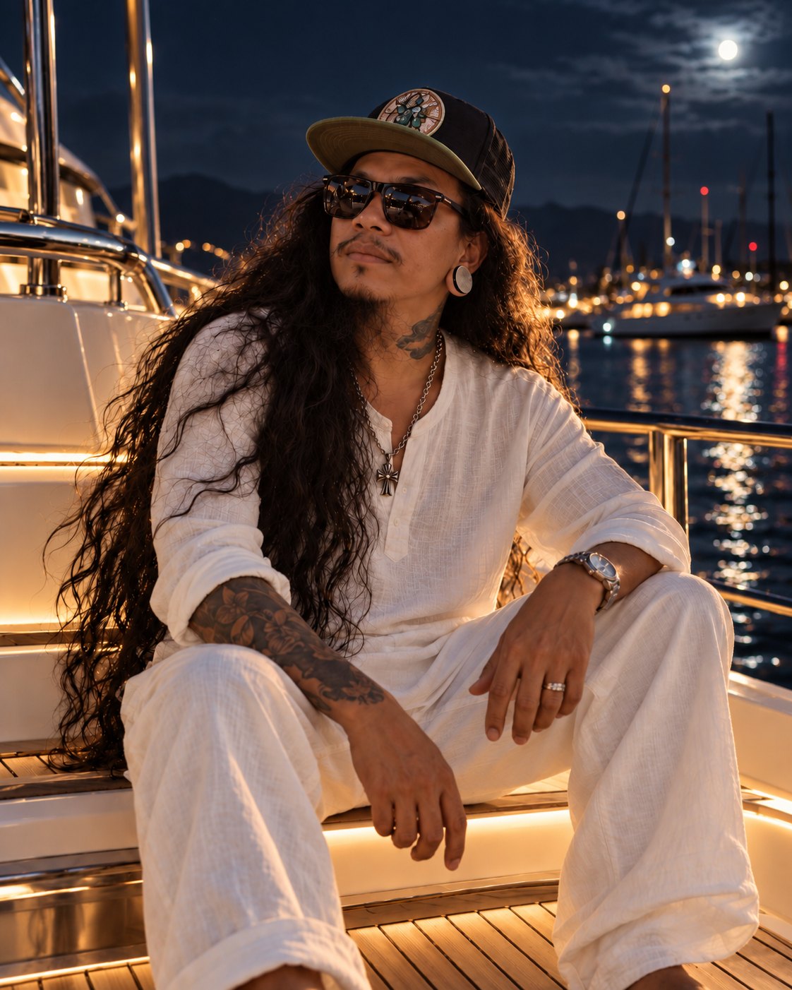 Love Blanca seated on a yacht deck at night under a full moon, in white linen, cap and sunglasses