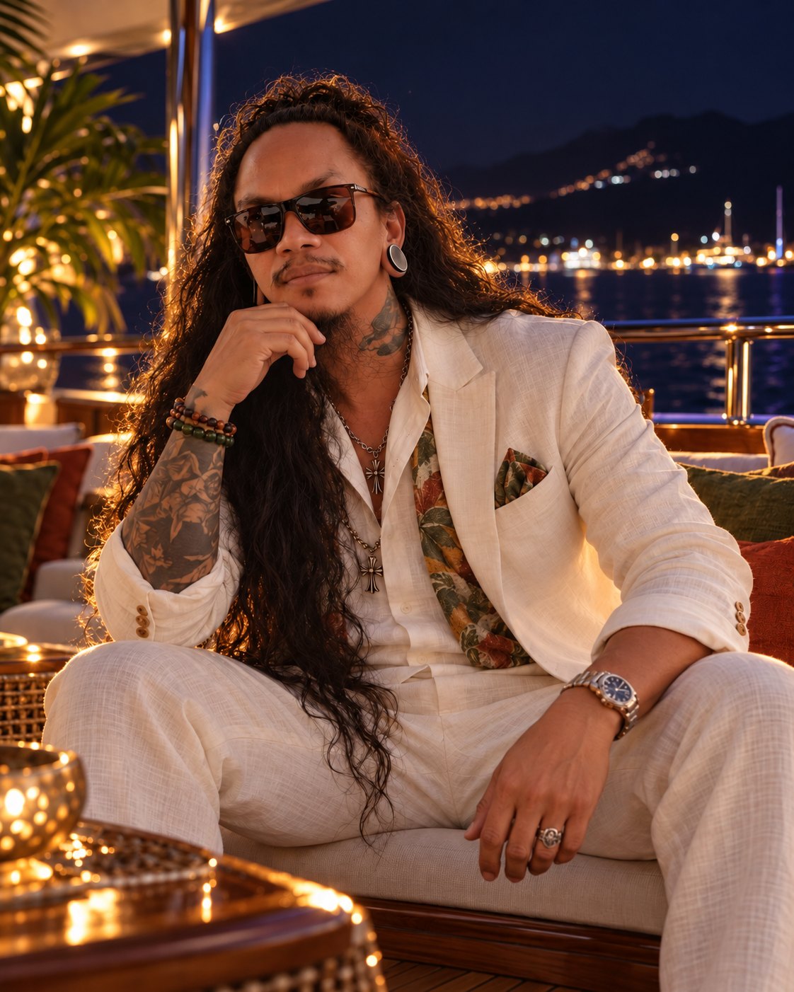 Love Blanca in a cream linen suit with a floral shirt, relaxing on a yacht at night